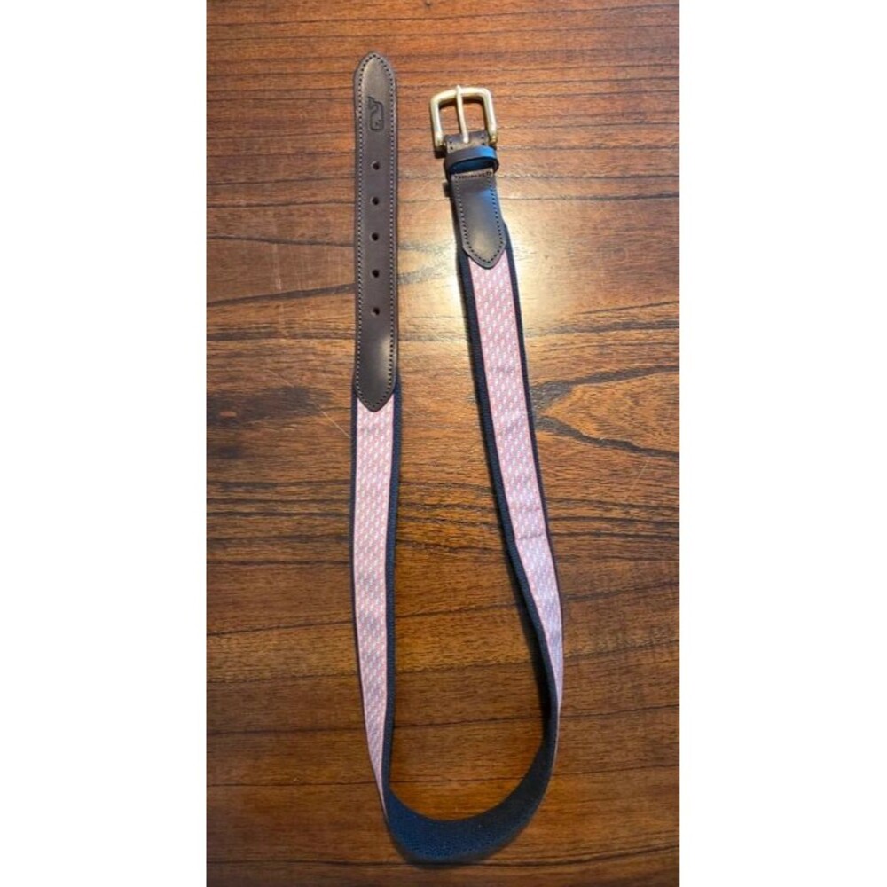 Vineyard Vines Men’s Size 38 Whale Ribbon Belt Pink Navy Leather Made USA